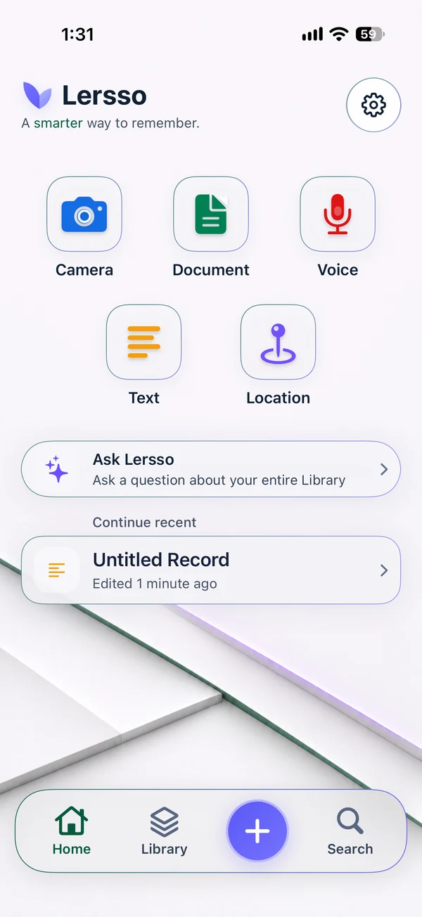 Actual Lersso 1.6 Home in Light appearance: Camera, Document, Voice, Text, Location, Ask Lersso and the Library dock.